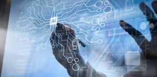 Hand drawing artificial intelligence network on transparent screen