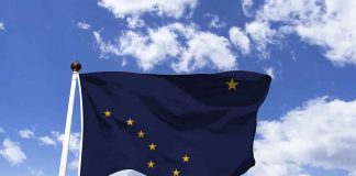 Alaska state flag flying against a blue sky.