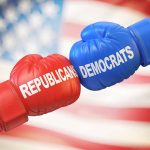 Red and blue gloves with flag background