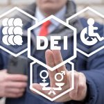 Person pointing at diversity equity inclusion symbols