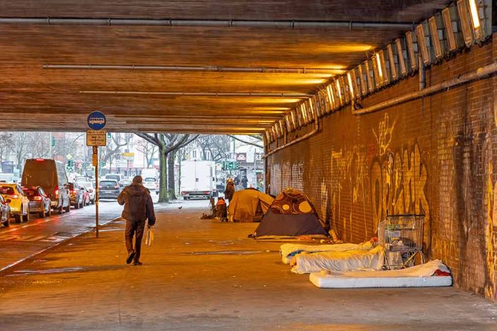 2423598655 featured image People walk under a bridge with homeless encampment.