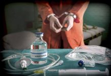 Handcuffed person near sodium thiopental and medical equipment
