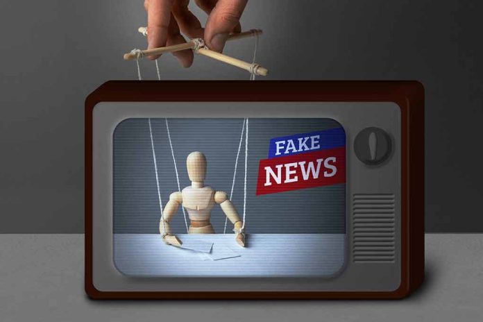 Wooden puppet manipulated on TV with fake news