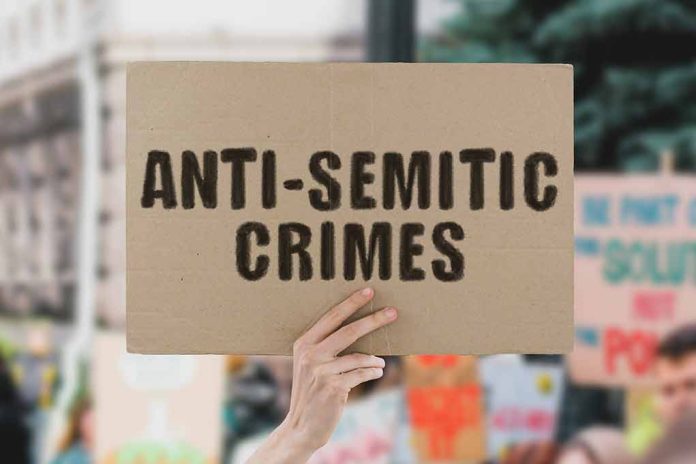 Hand holding sign saying AntiSemitic Crimes