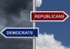 Red Republicans and blue Democrats signpost against sky