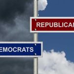 Red Republicans and blue Democrats signpost against sky
