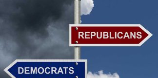 Red Republicans and blue Democrats signpost against sky