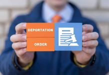 Hands holding blocks reading deportation order gavel icon
