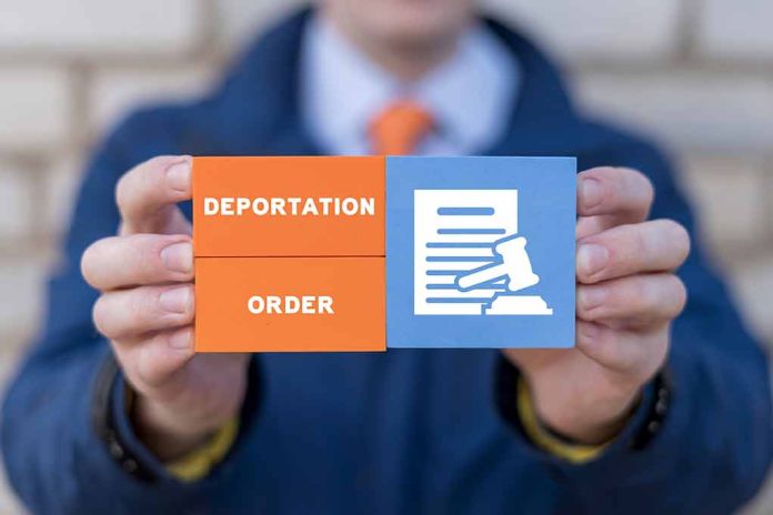 Hands holding blocks reading deportation order gavel icon