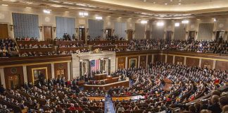 People seated in a large governmental assembly hall