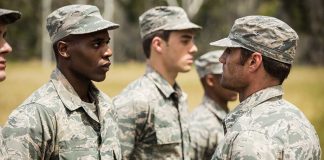 Soldiers standing in line during outdoor inspection