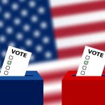 Ballots in boxes with American flag background