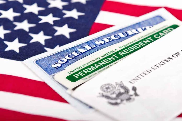 146169356 featured image Social Security card and green card on flag.