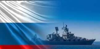 Warship overlaid with the Russian flag