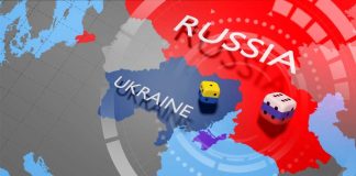 Map of Ukraine and Russia with dice on top