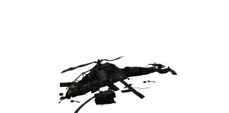 Disassembled black helicopter parts on white background