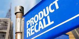 Blue sign with text product recall