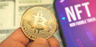 Person holding Bitcoin coin NFT text on screen