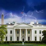 White House under stormy sky with lightning bolts