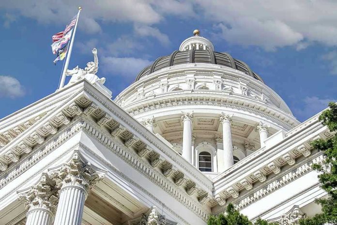 2305591243 Capitol building dome and flags under a blue sky