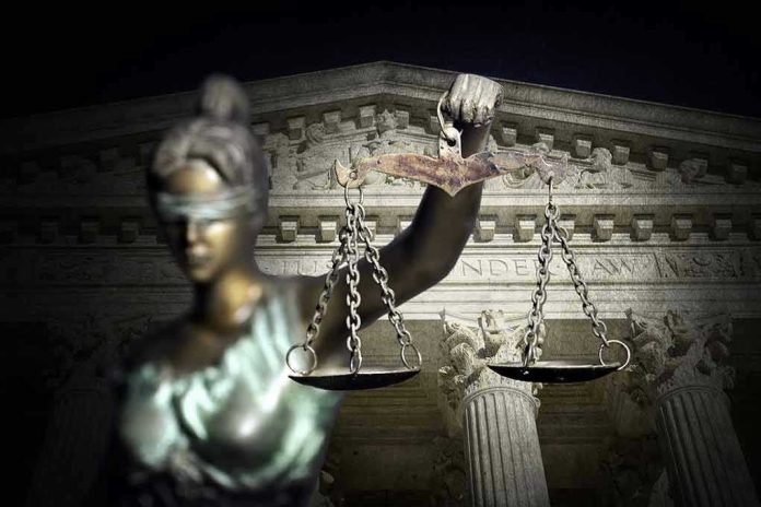 570949213 Blindfolded Lady Justice with scales, Supreme Court background