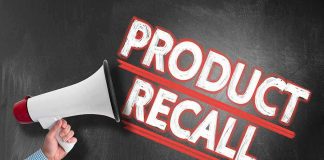Person holding megaphone, Product Recall text.
