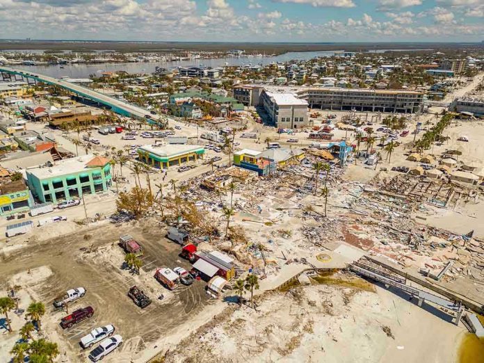 Aerial view of hurricane-damaged buildings and debris.