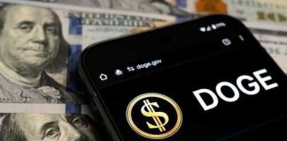 Smartphone displaying Doge logo on hundred dollar bills