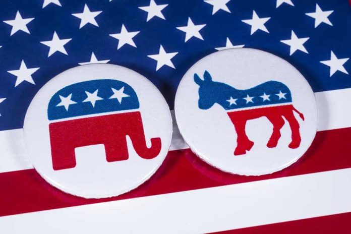 Republican elephant and Democrat donkey on American flag.