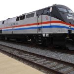Amtrak locomotive parked at a railway station