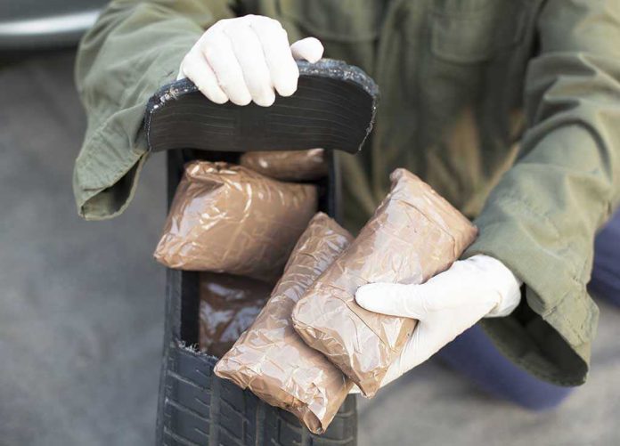 Person handling packages wearing gloves and green jacket.