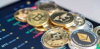 Cryptocurrency coins on a trading screen background.