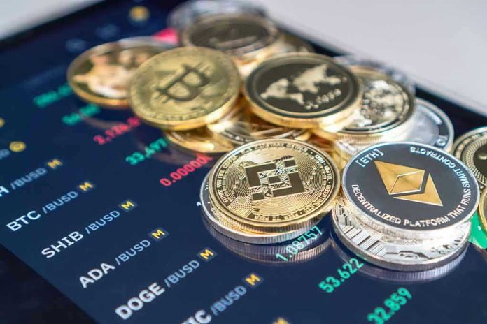 Cryptocurrency coins on a trading screen background.