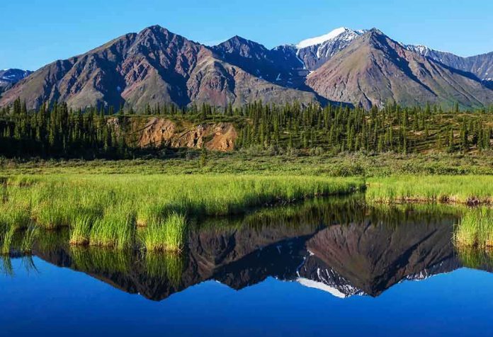 Scenic view of mountains reflecting in a calm lake surrounded by greenery