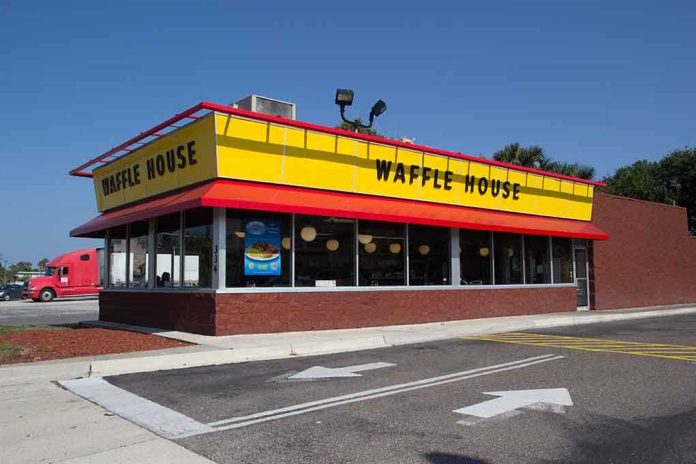 Exterior view of a Waffle House restaurant with bright yellow signage