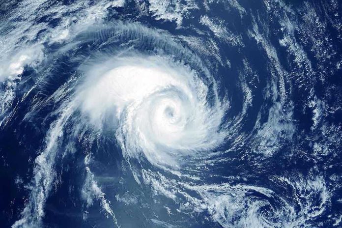 1603937461 Satellite image of a swirling hurricane over ocean.