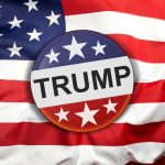 Trump Airport Name Change ERUPTS Trademark War Button with Trump on American flag.