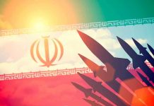 Supersonic Gulf Threat Shocks U.S. Military Silhouettes of missiles over Irans flag graphic.
