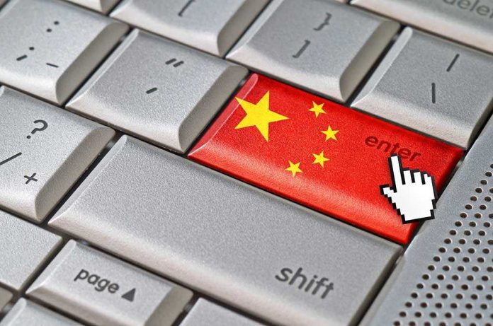Close-up of a computer keyboards enter key featuring the Chinese flag