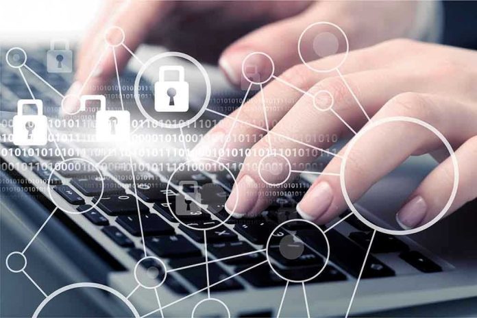 1158805660 Hands typing with cybersecurity icons overlay.