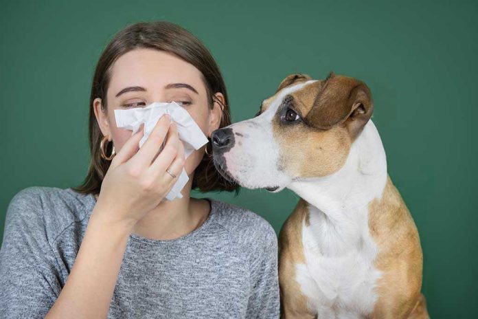 Person sneezing with curious dog watching attentively