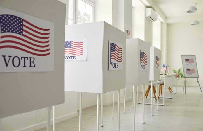 Voting booths with American flag and VOTE signs.