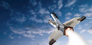 Rocket launching into the sky with clouds.