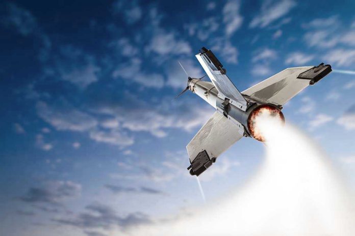 561170818 Rocket launching into the sky with clouds.