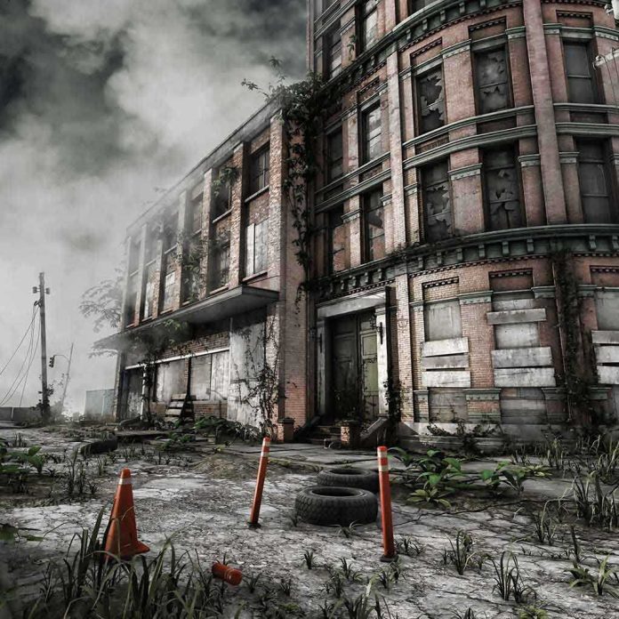 shutterstock_221020705.jpg Abandoned building with overgrown plants and construction cones in the foreground