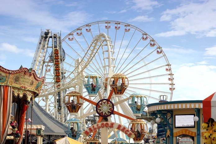 Colorful amusement park scene featuring a ferris wheel and carousel