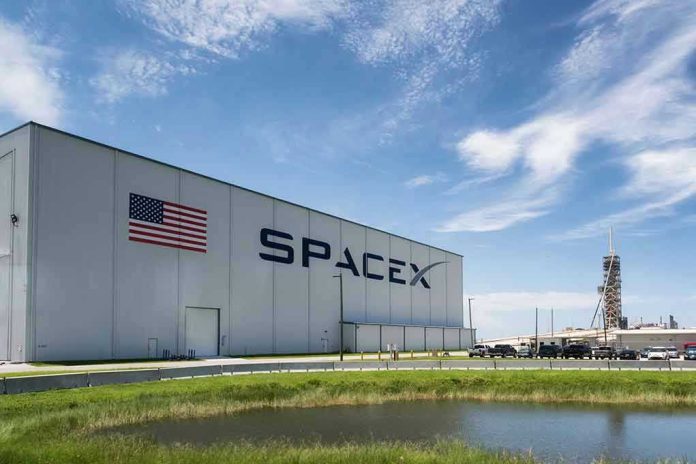 1113361880 SpaceX building with American flag and launch pad.