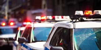 Police cars with flashing lights in line formation.