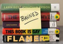 Tennessee Library Director Axed Over LGBT Books Stack of banned books with a sticky note.