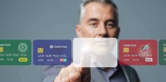 Man interacting with virtual credit card interface